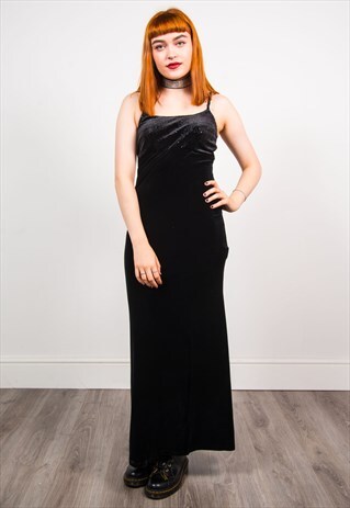 VINTAGE 90'S BLACK VELVET BODYCON GRUNGE MAXI DRESS