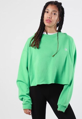 VINTAGE CHAMPION EMBROIDERED LOGO GREEN CROPPED SWEATSHIRT