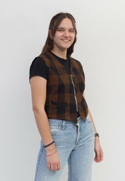 Vintage Women's Vest L Wool Tank Gilet Backpack Check Plaid