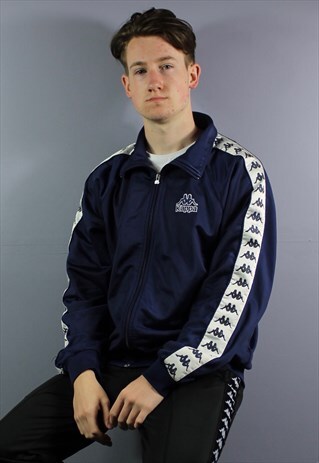 VINTAGE KAPPA TRACK JACKET IN NAVY WITH LOGO TAPING AND EMBR