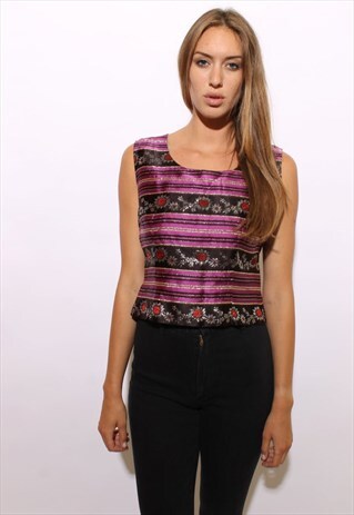 VINTAGE 1960'S 60'S BROCADE STRIPE METALLIC TANK TOP M-L