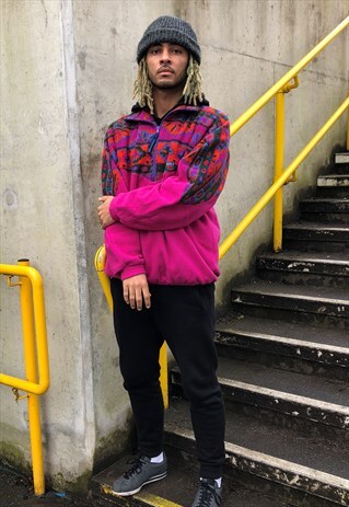 VINTAGE NEON BRIGHT AZTEC GEOMETRIC FLEECE ZIP SWEATSHIRT