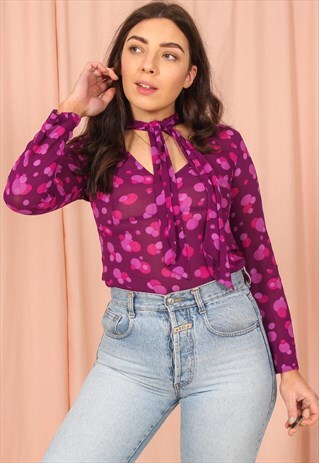 VINTAGE 90S PURPLE TIE NECK BLOUSE IN POLKA DOT PRINT
