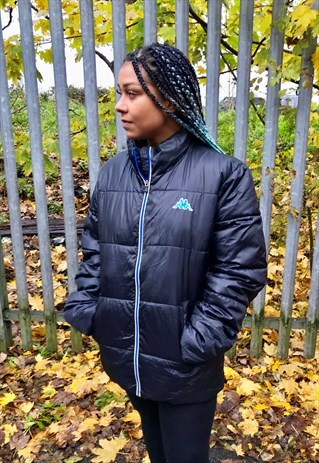 VINTAGE KAPPA BLACK ZIP THROUGH PUFFER JACKET COAT BLUE LOGO