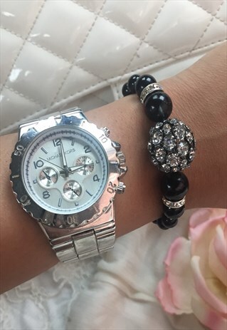 BLACK AND SILVER LARGE CRYSTAL BALL BEAD BRACELET 