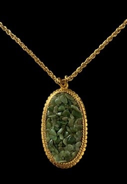 70's Vintage Gold Metal Woven Chain Green Stone Pendant