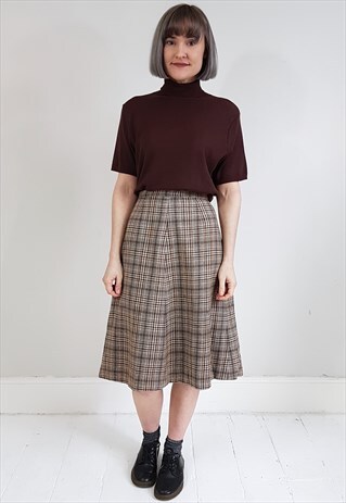 VINTAGE 70'S BROWN ORANGE WOOL SMALL TARTAN SKIRT