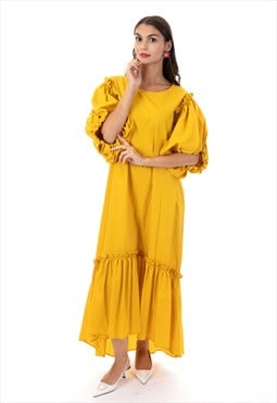 Oversized Puff Sleeves ruffle hem design Maxi dress yellow