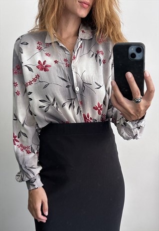 90S GRAY PLANTS PRINT BLOUSE / SHIRT - LARGE 