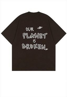 Broken planet t-shirt Y2K space slogan tee in dark brown