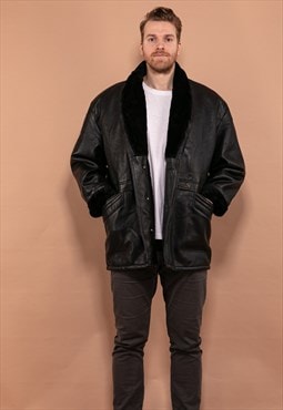 Vintage 90's Men Faux Leather Sherpa Coat in Black