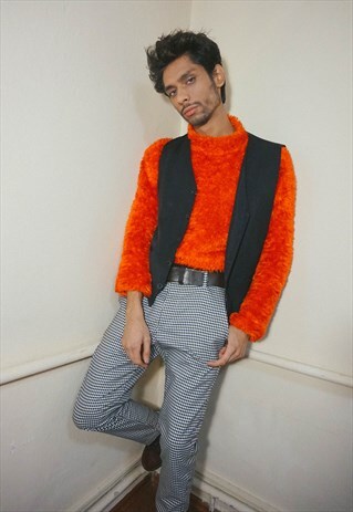 VINTAGE ENSEMBLE- FLUFFY RED JUMPER AND BLACK CLASSIC VEST