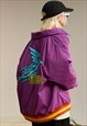 Grunge varsity jacket wings print college bomber in purple