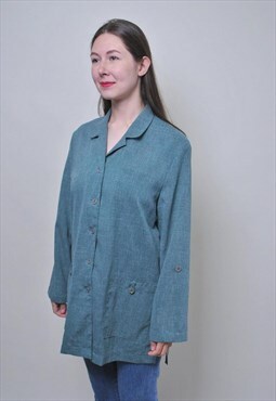 Vintage green minimalist blouse, 80s style shirt for work 