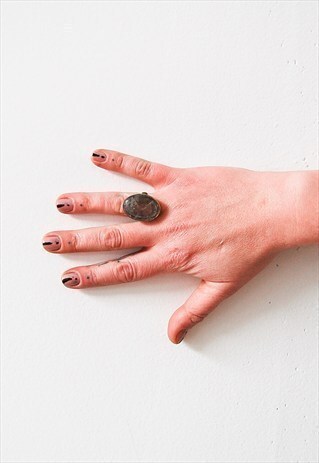 VINTAGE ETHNIC RING WITH DEEP GREY SMOKED STONE.