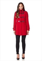 Red Hooded Toggle Fastened Slim Fit Coat