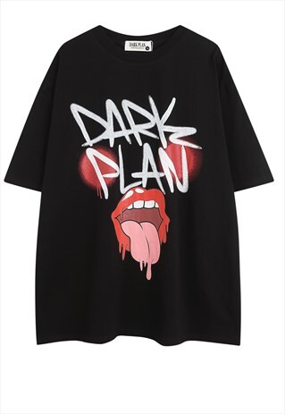 GRUNGE T-SHIRT DARK PLAN TEE RETRO LIPS GOTHIC TOP IN BLACK