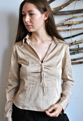 VINTAGE BEIGE BLOUSE, 90S CLASSIC EVENING PARTY TOP
