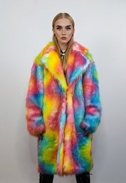Rainbow fur long coat unicorn trench neon rave fleece bomber
