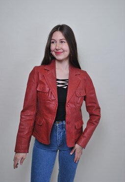 Red leather jacket, 90s leather blazer, women vintage tiny 
