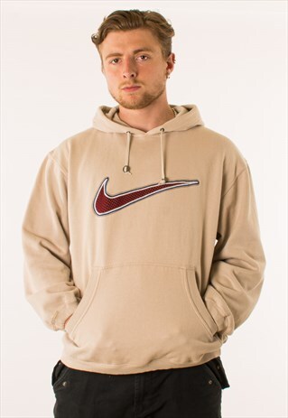 VINTAGE 90S BEIGE NIKE BIG SWOOSH SPELLOUT HOODIE PULLOVER