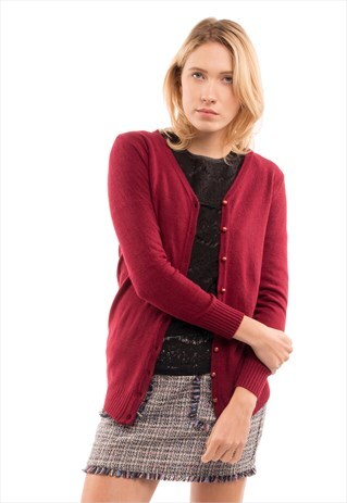 PLAIN COLOR BASIC KNITTED CARDIGAN (BURGUNDY) CY