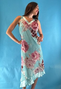 Vintage Y2K 2000s Blue Floral Printed Asymmetric Hem Dress.