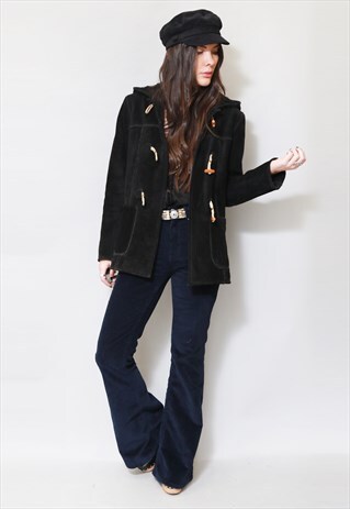 VINTAGE 1970'S PREMIUM BLACK DUFFLE SHEARLING COAT