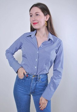 Women vintage blue plaid minimalist blouse for work 