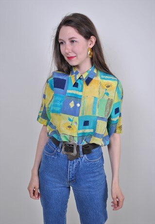 80S ABSTRACT PRINT BLOUSE, VINTAGE YELLOW FLOWERS SHIRT