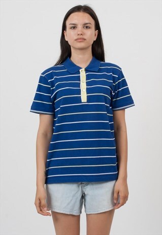 VINTAGE BLUE HUGO BOSS SHORT SLEEVE STRIPED POLO SHIRT TOP