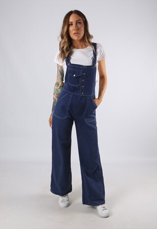 VINTAGE DENIM DUNGAREES WIDE FLARED FLARE PETITE UK 8 (JE4G)