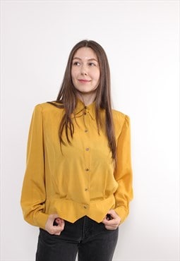 90s yellow formal blouse vintage puff sleeve evening crop 