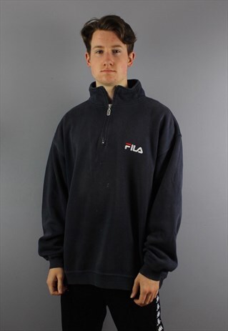 VINTAGE FILA 1/4 ZIP SWEATSHIRT IN NAVY WITH EMBROIDERED LOG