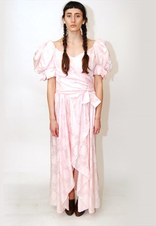 VINTAGE BALL GOWN (M) FLORAL 80S BROCADE DRESS LAYERED WRAP