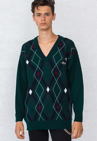 VINTAGE GREEN LACOSTE V-NECK KNIT JUMPER