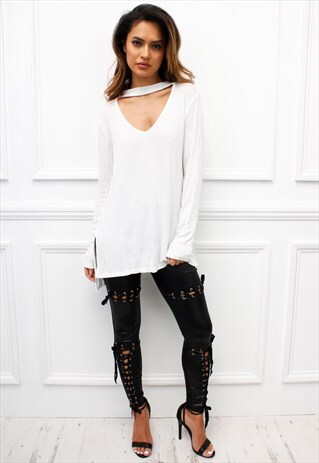 WHITE CHOKER PLUNGE CUT OUT SWEATER BLOUSE JUMPER