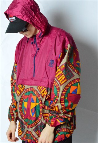 VINTAGE 80S RED COLOURFUL EMBROIDERED FESTIVAL RAIN COAT