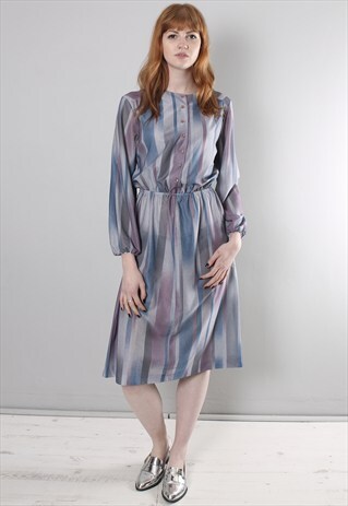VINTAGE 70S STRIPE PATTERNED BUTTON PUFF SLEEVE DRESS
