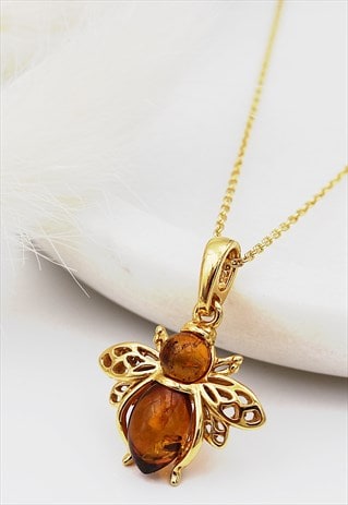 Bee Necklace in Gold Plated Silver set with Amber