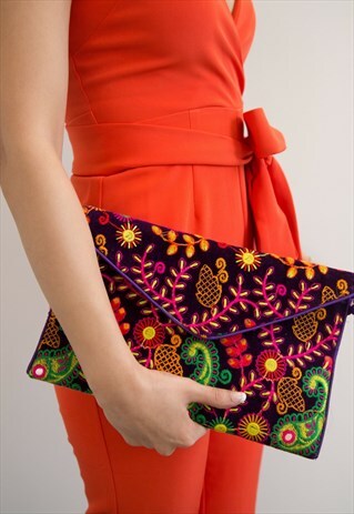 VIOLET VELVET EMBROIDERED ENVELOPE CROSS BODY CLUTCH BAG