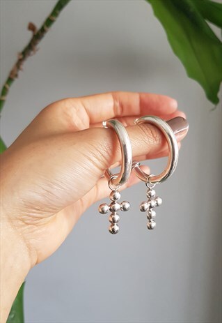 VINTAGE STERLING SILVER HOOP AND CROSS EARRINGS