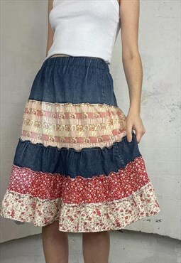 Denim patchwork midi skirt