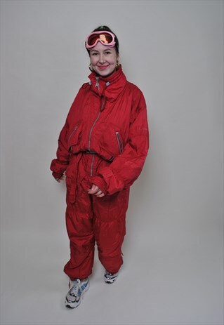 ONE PIECE RED SKI SUIT, RETRO WOMEN SNOW SUIT FROM 90S