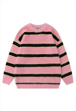 Striped sweater fluffy knitted jumper soft pullover in pink
