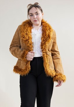 Vintage 90s Penny Lane Faux Fur Collar Brown Suede Jacket M