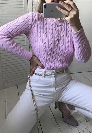 VINTAGE 90S Y2K PASTEL PINK COTTON CABLE KNIT JUMPER
