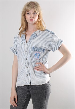 VINTAGE 80S DENIM STRIPED POPPER SHIRT TOP