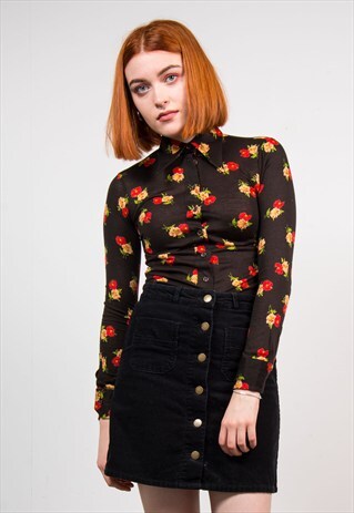 70'S BLACK FLORAL PATTERN LONG SLEEVE BLOUSE