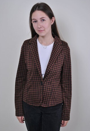 HOUNDSTOOTH BROWN BLAZER, WOMEN BOHO JACKET, SIZE M